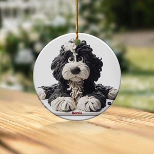 Bernedoodle Ornament, Dog Lover Gift | Sublimation Ceramic | Two-Sided Keepsake, Black White Illustration image 7