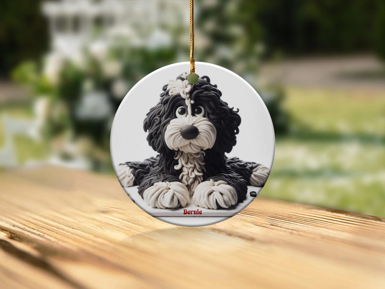 Bernedoodle Ornament, Dog Lover Gift | Sublimation Ceramic | Two-Sided Keepsake, Black White Illustration image 7