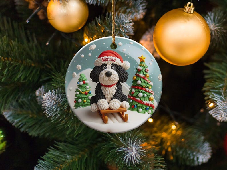 Christmas Ornament, Festive Dog On Sled - Claymation Style Artwork | Sublimation Ceramic | 3-Inch Double-Sided Holiday Decor image 9