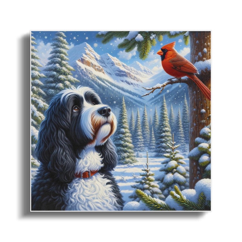 Doodle Dog and Cardinal Canvas Art, Winter Scene, Dog Lover Gift image 3