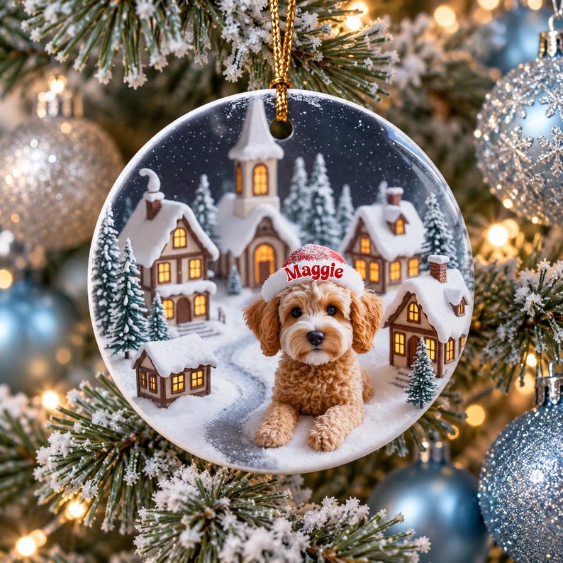 May include: A round ceramic Christmas ornament featuring a golden-brown curly-haired dog wearing a red and white hat with the name Maggie printed on it. The background shows a snowy village with lit houses and a church under a night sky.