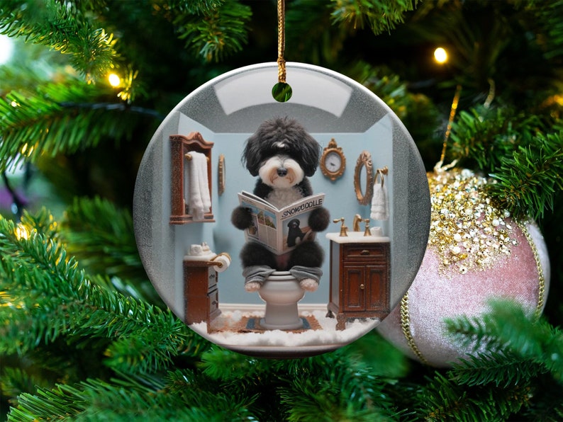 Funny Dog Toilet Ornament, Bathroom Humor Decor - Ceramic Sublimation Print, Doodle Art Gift, Holiday Tree Decoration, Pet Keepsake image 9