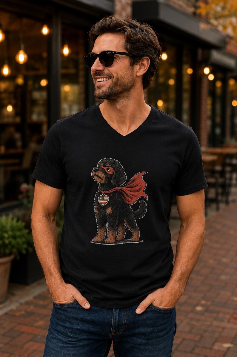 Hero Doodle Dog Fitted V-Neck Tee | Bernedoodle Superpup Graphic Shirt | Dog Lover Gift image 19