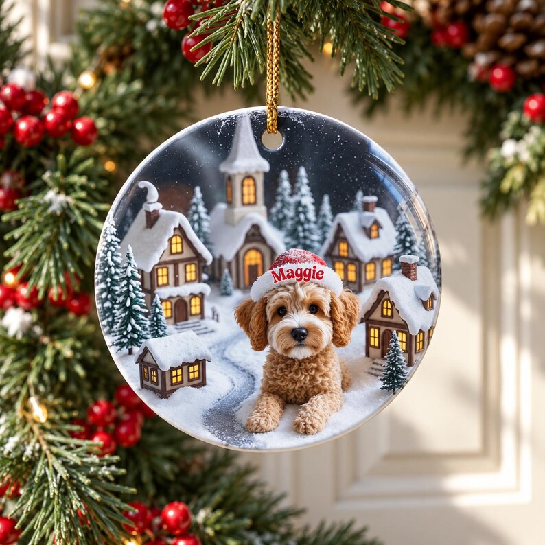 May include: A round ceramic Christmas ornament featuring a fluffy light brown dog wearing a white and red Santa hat with the name Maggie printed in red. The background shows a snowy village scene with lit houses and pine trees.
