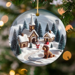 Santa Claus Village Ornament, Winter Wonderland Scene, Christmas Tree Decoration, Festive Holiday Decor, Santa and Dog Ornament