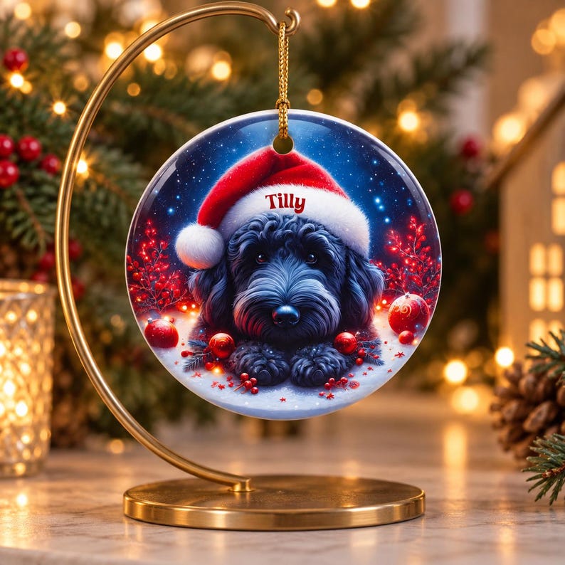 May include: A round ceramic Christmas ornament hanging from a gold metal stand. The ornament features a black dog wearing a red Santa hat with the name Tilly printed on the brim, surrounded by red berries and ornaments on a blue background.