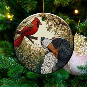 Cardinal and Bernese Mountain Dog Ceramic Ornament, Oil Paint Style Design, Cardinal Lovers Gift, Mothers Day, Bird Lovers, Custom Bird and Dog Gift