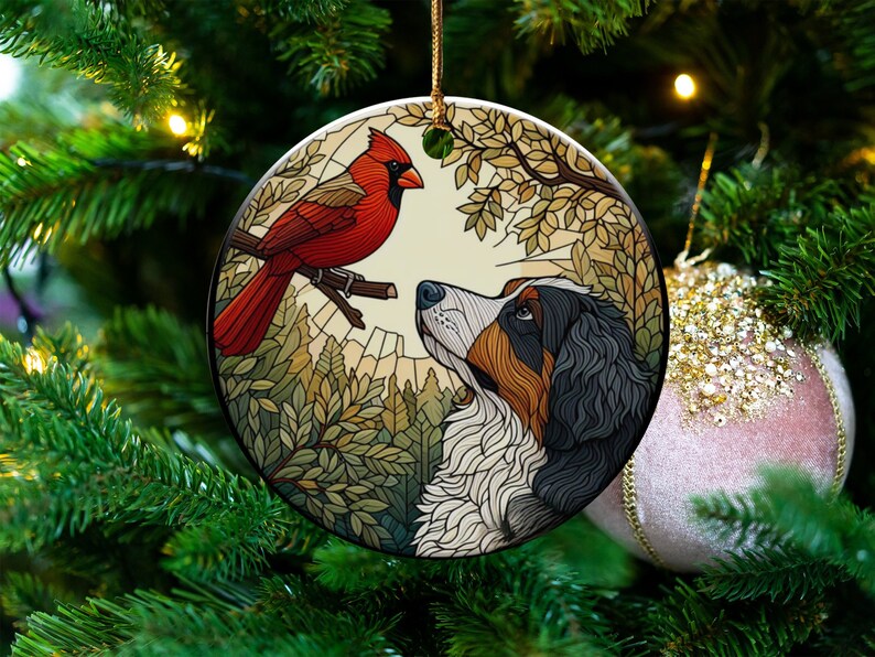 Cardinal and Bernese Mountain Dog Ceramic Ornament, Oil Paint Style Design, Cardinal Lovers Gift, Mothers Day, Bird Lovers, Custom Bird and Dog Gift