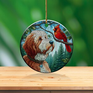 Cardinal and Bernedoodle Dog Ceramic Ornament, Oil Paint Style Design, Cardinal Lovers Gift, Mothers Day, Bird Lovers, Custom Crafted Design