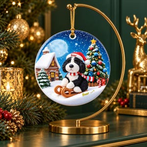 A decorative ornament featuring a black and white dog wearing a Santa hat, sitting on a sled and surrounded by a snowy winter scene with a Christmas tree and a cabin in the background.