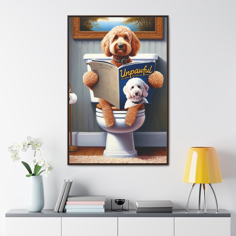bathroom wall art,dog bathroom art,dog on toilet,doodle,doodle art,doodle on toilet,funny bathroom art,funny dog portrait,goldendoodle,goldendoodle art,goldendoodle gifts,pet illustration,wall art