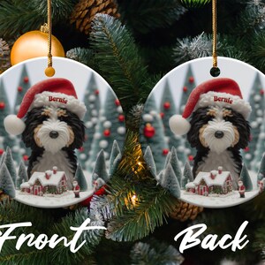 Custom Dog Ornament, Bernedoodle Christmas Gift - Two Sided Sublimation Ceramic Keepsake - Santa Hat Pup Holiday Decor image 3