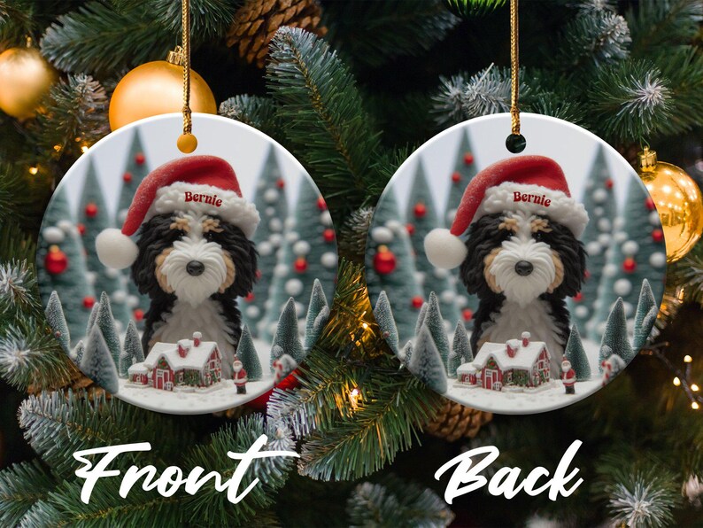 Custom Dog Ornament, Bernedoodle Christmas Gift - Two Sided Sublimation Ceramic Keepsake - Santa Hat Pup Holiday Decor image 3