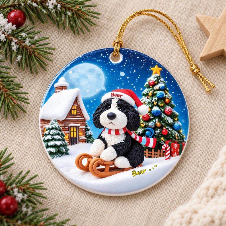 A ceramic ornament featuring a black and white dog wearing a Santa hat and scarf, sitting on a sled and surrounded by a snowy village scene with a Christmas tree and a full moon.