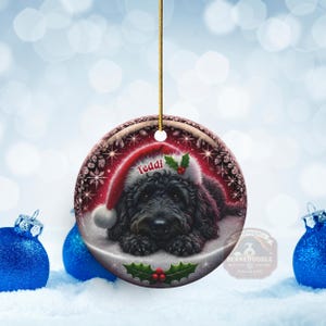 May include: A round Christmas ornament featuring a black dog wearing a Santa hat with the name "Teddi" on it. The ornament has a red and white border with snowflakes and holly accents. The background is a winter scene with blue ornaments.