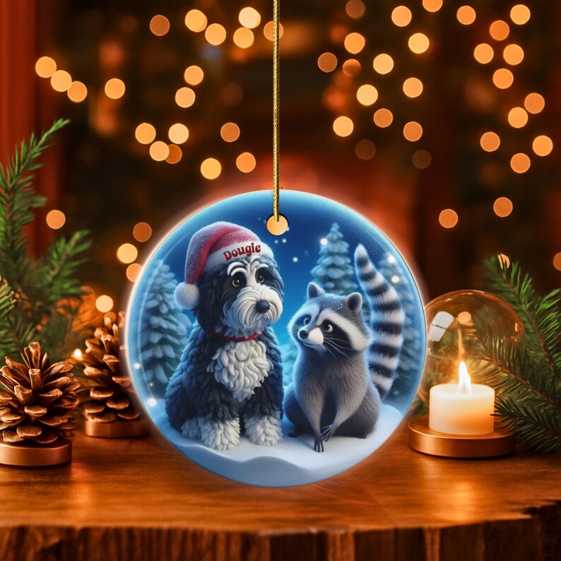 A 3-inch double-sided ceramic Christmas ornament featuring an adorable claymation-style Bernedoodle wearing a red Santa hat personalized  sitting beside a cute raccoon under a snowy winter night sky. The ornament has crisp detailing, soft blue tones, and a warm Christmas glow in the blurred background. Perfect for Bernedoodle lovers, handmade Christmas gift shoppers. High-quality ceramic with vibrant colors, ideal for tree decorating, pet memorial ornaments, or festive seasonal displays.