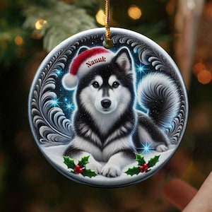 Black Husky Keepsake, Personalized Santa Hat Ornament | Sublimation Ceramic | 3 Inch Glossy Holiday Decor image 1