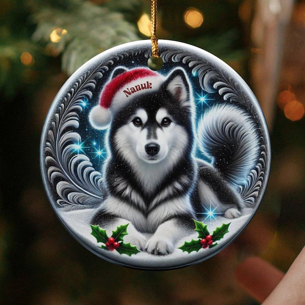 Black Husky Keepsake, Personalized Santa Hat Ornament | Sublimation Ceramic | 3 Inch Glossy Holiday Decor