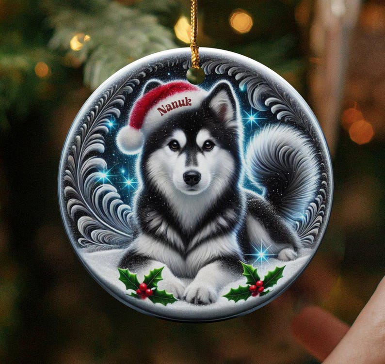 Black Husky Keepsake, Personalized Santa Hat Ornament | Sublimation Ceramic | 3 Inch Glossy Holiday Decor image 1