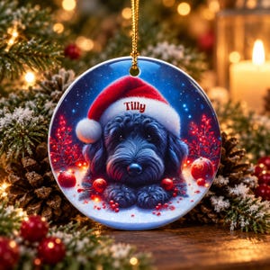 May include: A round ceramic Christmas ornament featuring a black dog wearing a red Santa hat with the name Tilly printed in red. The dog is surrounded by red berries and ornaments against a dark blue background, hanging from a gold cord.