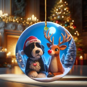 A fluffy Bernedoodle sits beside a gentle reindeer with a glowing red nose in a snowy winter forest. Soft blue and golden holiday lighting highlights the animals as snow falls around them. The Bernedoodle’s expressive face and the reindeer’s warm glow create a peaceful, magical Christmas scene perfect for woodland and dog-themed holiday décor.