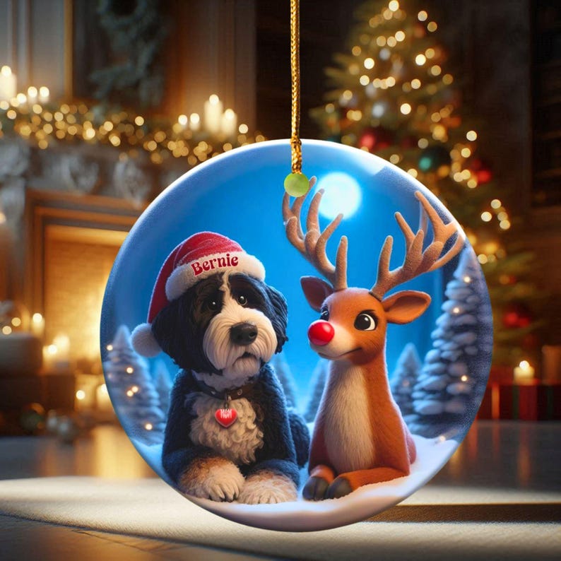 A fluffy Bernedoodle sits beside a gentle reindeer with a glowing red nose in a snowy winter forest. Soft blue and golden holiday lighting highlights the animals as snow falls around them. The Bernedoodle’s expressive face and the reindeer’s warm glow create a peaceful, magical Christmas scene perfect for woodland and dog-themed holiday décor.