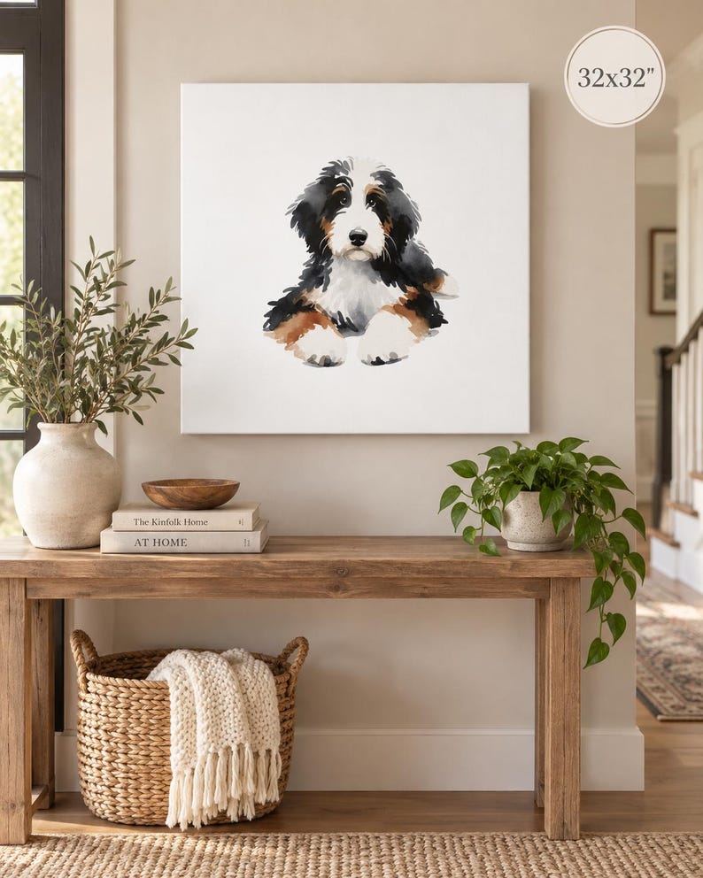 Puede incluir: Un lienzo cuadrado de arte mural que presenta una ilustraci&oacute;n en acuarela de un cachorro de boyero de Berna con pelaje negro, blanco y marr&oacute;n. La obra de arte est&aacute; etiquetada con las dimensiones 32x32 pulgadas en la esquina superior derecha.
