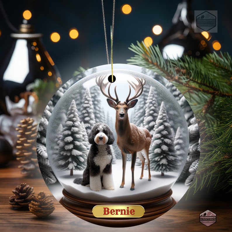 Ceramic Ornament - Customizable with Dog name- Not a snow globe - Bernedoodle Ornament