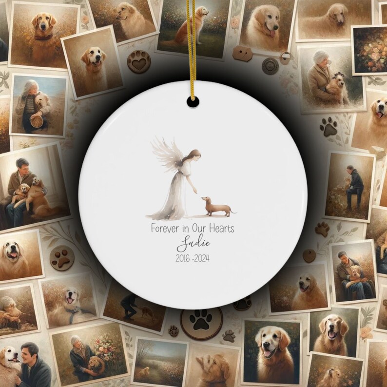 Personalized Doxie Dachshund Tribute ornament, Memorial Watercolor Design, Pet's Name Gift, Custom Pet Name Gift, Personalized Pet Tribute Ceramic Ornament, Pet Loss Gift