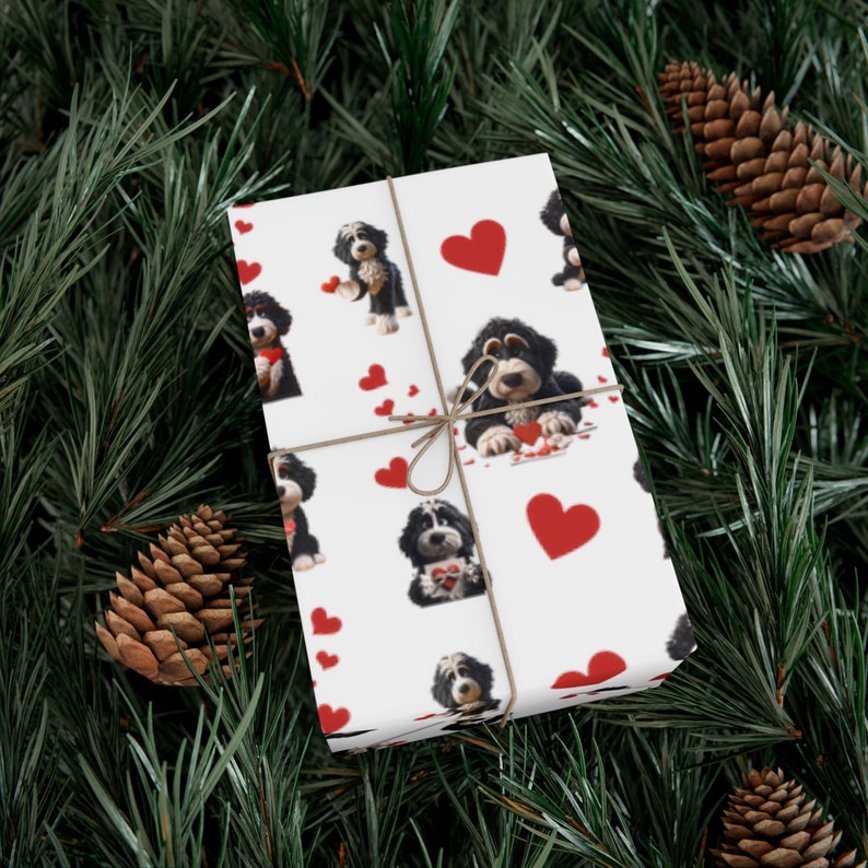 Bernedoodle wrapping paper for all occasions, valentines wrapping paper,valentines wrap, gift wrap bernedoodle, doodle paper, doodle gift wrap, birthday bernedoodle wrap, goldendoodle, merle doodle, doodle paper gifting.