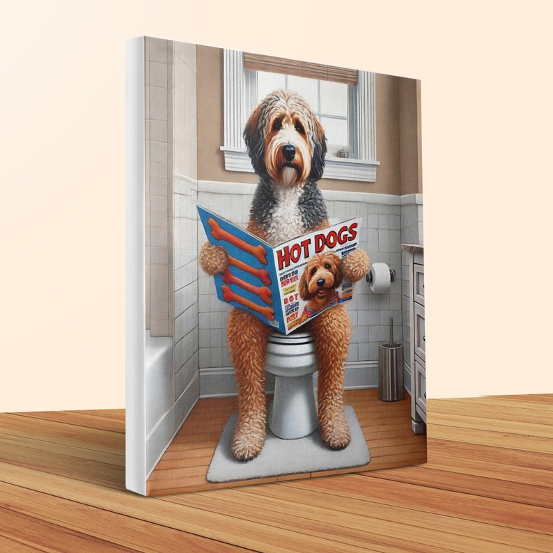 Rolig klotterhund canvastavla, badrumshumor, present till husdjursälskare bild 3