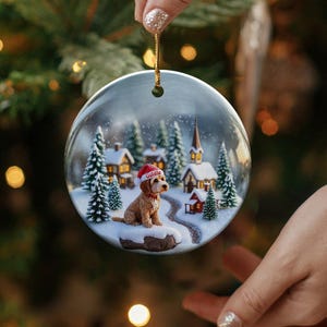 Christmas Tree Ornament, Cute Snowy Village Scene, Adorable Festive Dog in Santa Hat, Perfect Holiday Decor Gift