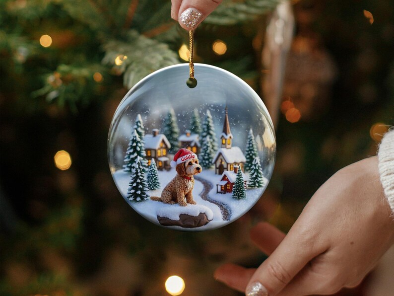 Christmas Tree Ornament, Cute Snowy Village Scene, Adorable Festive Dog in Santa Hat, Perfect Holiday Decor Gift