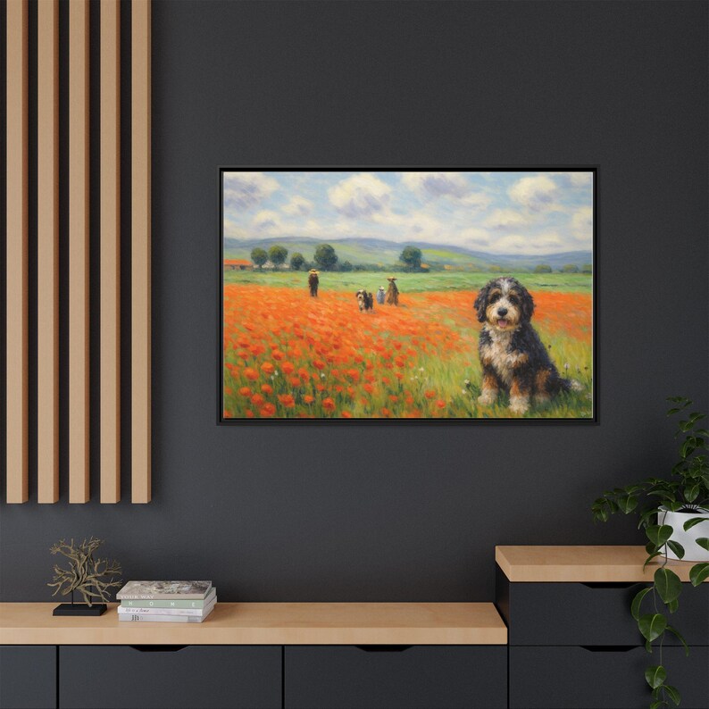 Bernedoodle Classic in un campo di papaveri - Tela incorniciata immagine 8