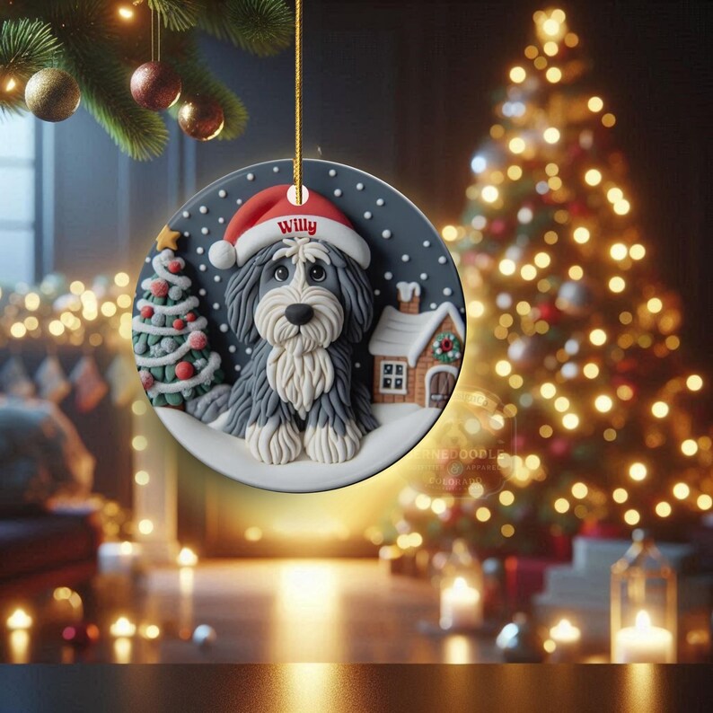 Christmas dog sheepadoodle ceramic ornament hanging on display in the Christmas living room!  Cute santa hat puppy decor, personalized pet ornament, holiday tree decoration, custom dog gift, festive pet decor.  Doodle lover Christmas decoration for Sheepadoodle Sheepa Doodle Moms!