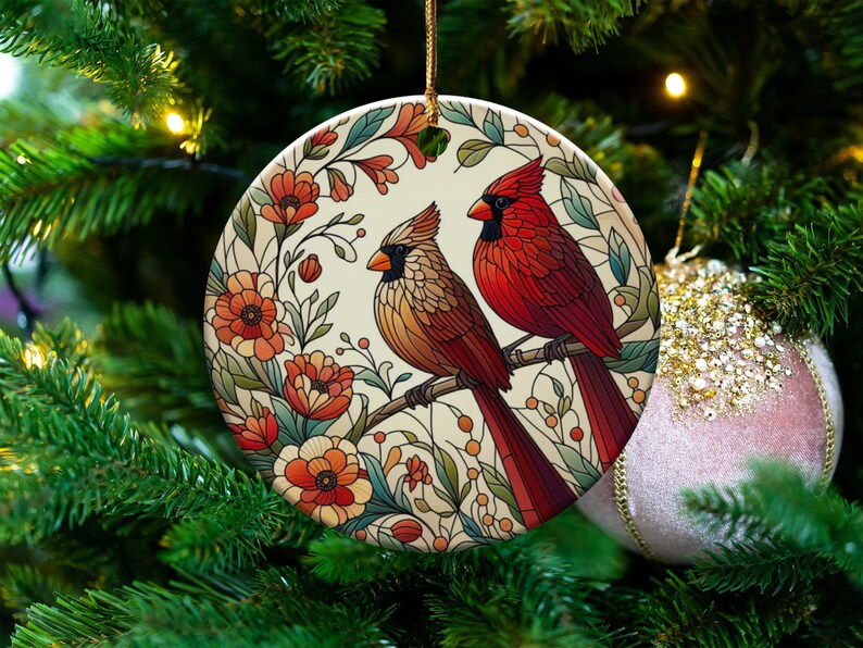 Cardinal Ceramic Ornament, Stained Glass Design, Cardinal gift, Mothers Day Gift, Bird Lovers Gift, Custom stained glass look, cardinal