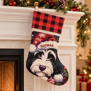 Personalized Bernedoodle Christmas Stocking, Custom Dog Name Santa Hat | Plaid Cuff Pet Stocking | Doodle Mom Gift