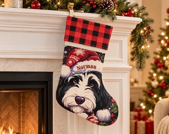 Personalized Bernedoodle Christmas Stocking, Custom Dog Name Santa Hat | Plaid Cuff Pet Stocking | Doodle Mom Gift