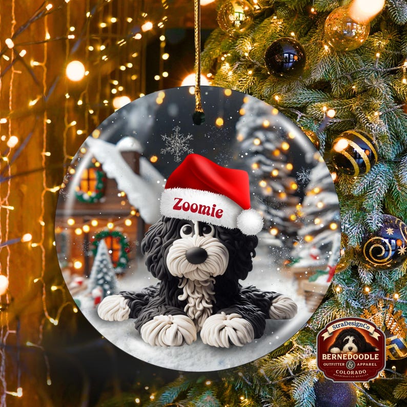 May include: A round Christmas ornament featuring a black and white Bernedoodle dog wearing a red Santa hat with the name "Zoomie". The ornament has a winter scene background with a snowy house and trees. The ornament is hanging from a gold string.