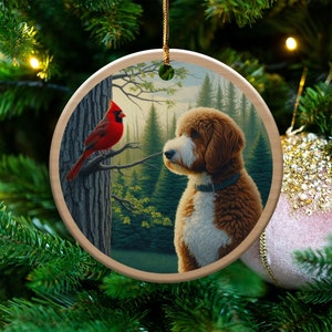Cardinal and Goldendoodle Ceramic Ornament, Oil Paint Style Design, Cardinal Lovers Gift, Mothers Day, Bird Lovers, Doodle Dog Mom Gifts