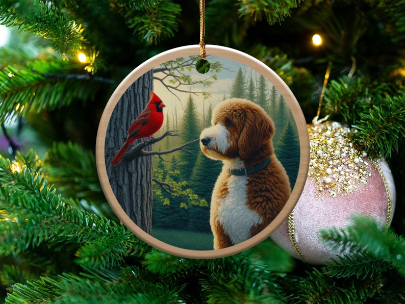 Cardinal and Goldendoodle Ceramic Ornament, Oil Paint Style Design, Cardinal Lovers Gift, Mothers Day, Bird Lovers, Doodle Dog Mom Gifts