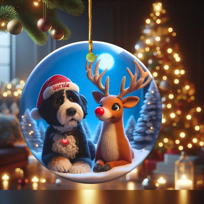 A fluffy Bernedoodle sits beside a gentle reindeer with a glowing red nose in a snowy winter forest. Soft blue and golden holiday lighting highlights the animals as snow falls around them. The Bernedoodle’s expressive face and the reindeer’s warm glow create a peaceful, magical Christmas scene perfect for woodland and dog-themed holiday décor.