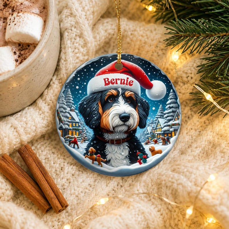 A Christmas ornament featuring a Bernese mountain dog wearing a Santa hat, surrounded by a snowy winter scene with houses, trees, and people.