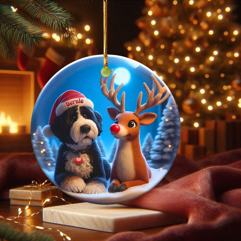 A fluffy Bernedoodle sits beside a gentle reindeer with a glowing red nose in a snowy winter forest. Soft blue and golden holiday lighting highlights the animals as snow falls around them. The Bernedoodle’s expressive face and the reindeer’s warm glow create a peaceful, magical Christmas scene perfect for woodland and dog-themed holiday décor.