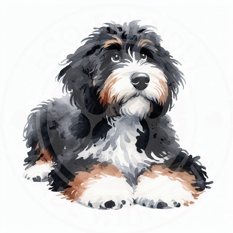 May include: Watercolor illustration of a Bernedoodle dog, lying down. The dog has a fluffy coat with black, brown, and white markings. The dog's eyes are focused upwards, and the overall style is soft and artistic.