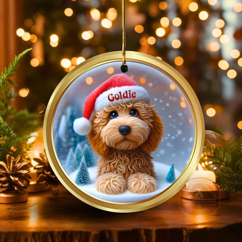Goldendoodle ceramic 3 inch ornament in vibrant color and claymation style design.  Full gloss and printed on both sides.  It's hung with a gold string.