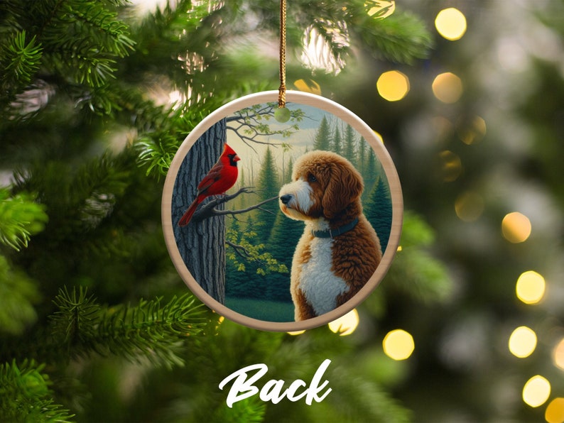 Cardinal and Bernedoodle Dog Ceramic Ornament, Oil Paint Design image 10