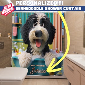 Bernedoodle shower curtain, personalized bath decor, custom dog curtain, pet name bathroom, durable polyester curtain, one-sided print decor, unique dog gift, cute bathroom accessory, dog lover home decor,bernedoodle bath, customizable shower curtain