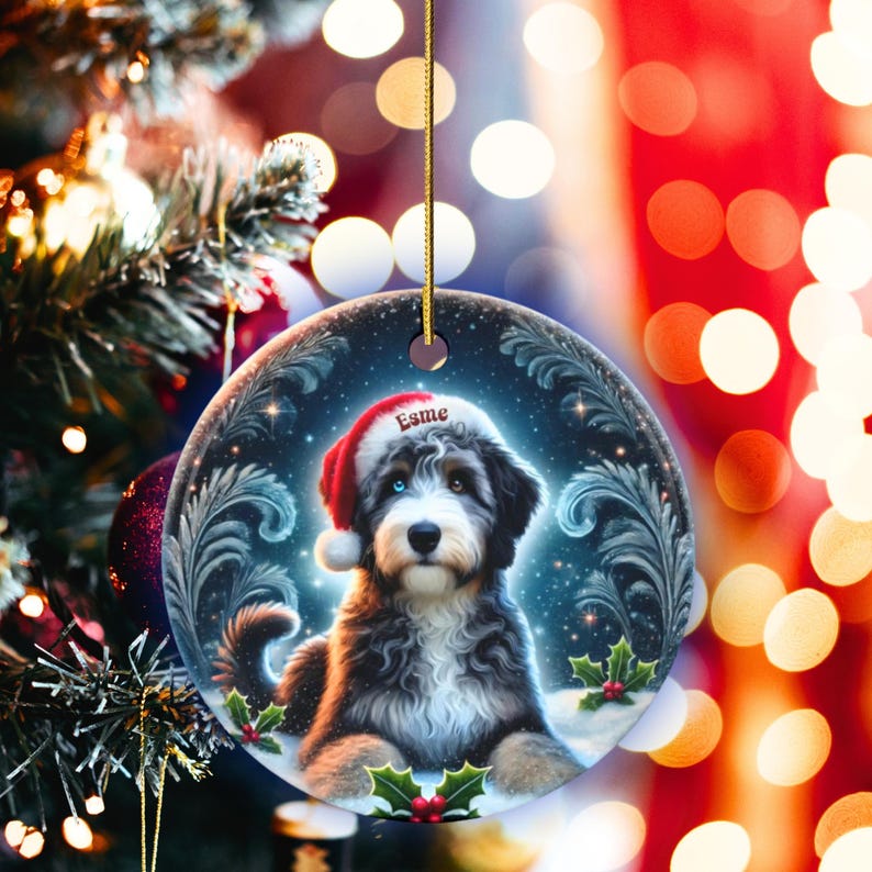 Merle Bernedoodle, Personalized Santa Hat Ornament | Sublimation Ceramic | Custom Dog Lover Gift image 6