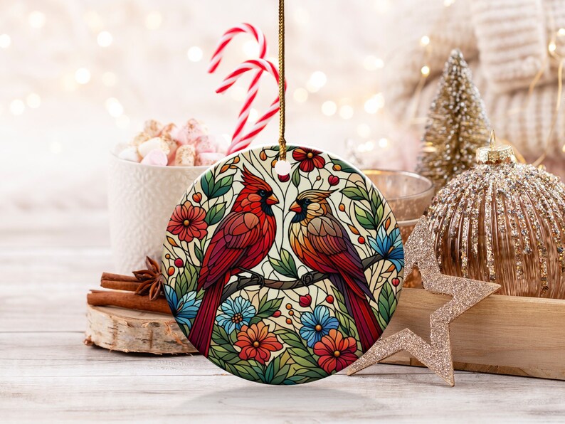Cardinal Ceramic Ornament, Faux Stained Glass Design image 5
